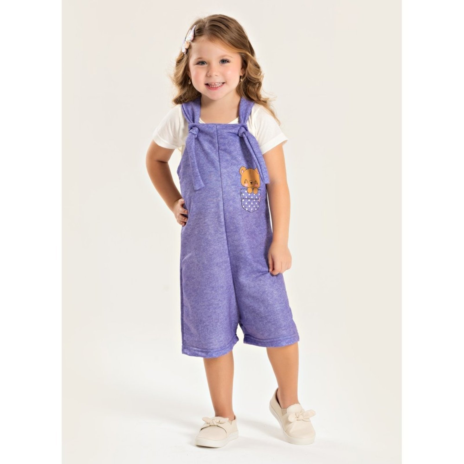 Infantil – Conjunto Verão Menina Roxo Blusa e Macaquinho Ursinho no Bolso