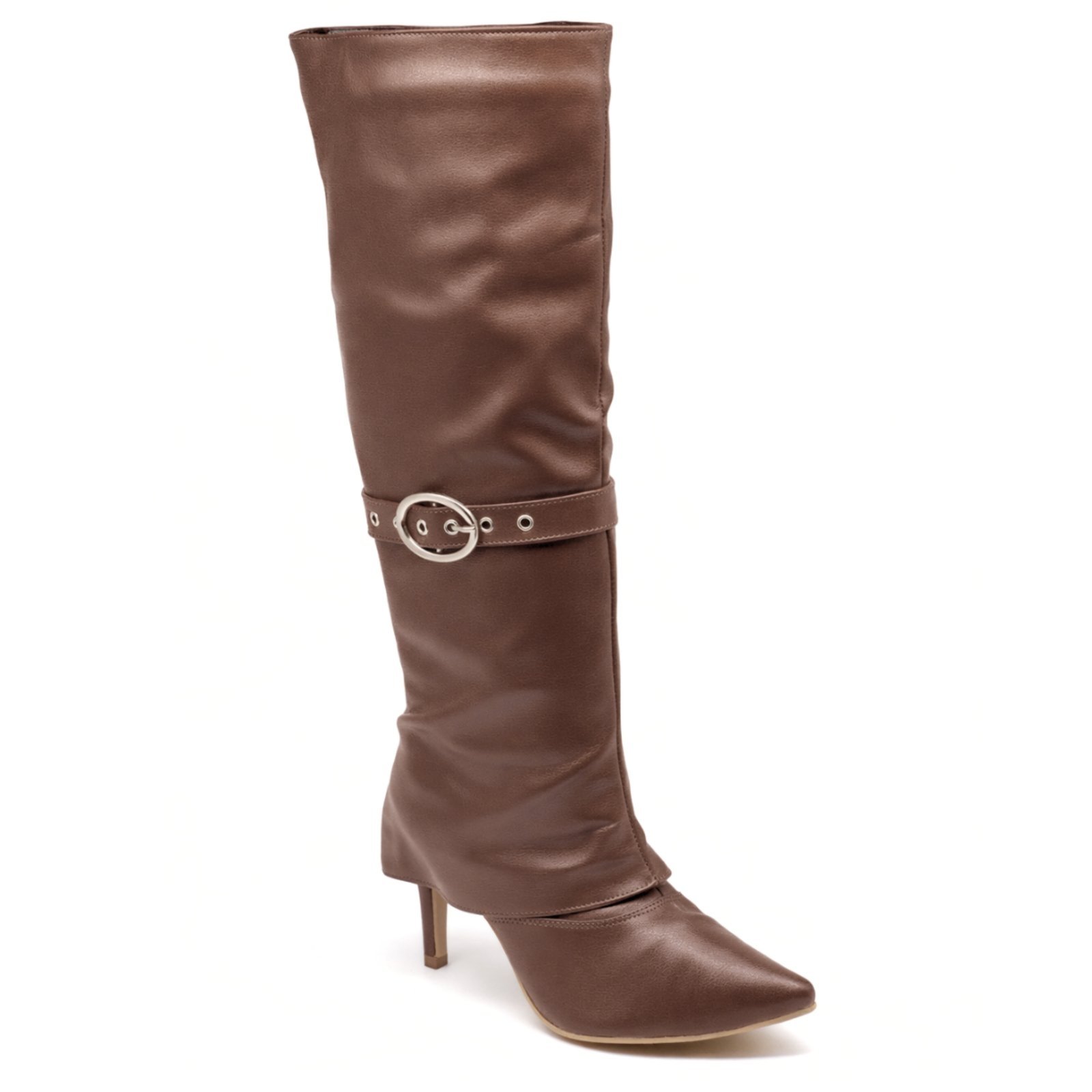 Bota Feminina Com Capa Salto Fino Tira Com Fivela Design Elegante Flor da Pele 1711 Cacau