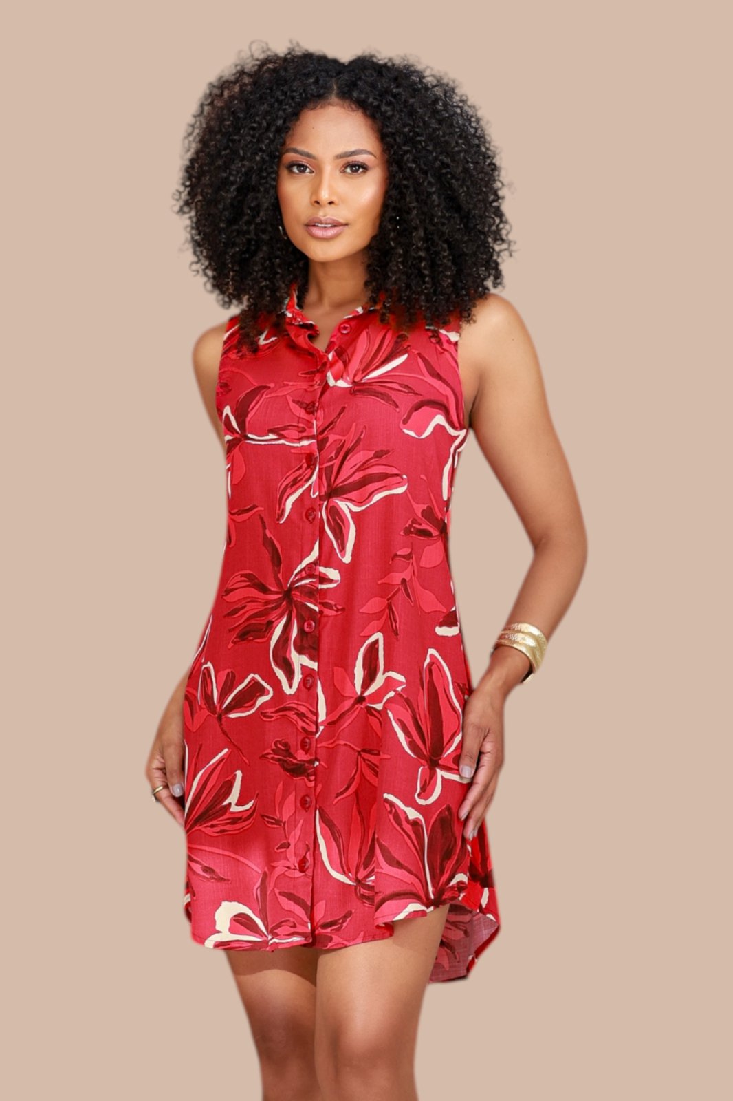 Chemise Aberta Ícone Fashion Sem Manga Estampa Floral Carmesim