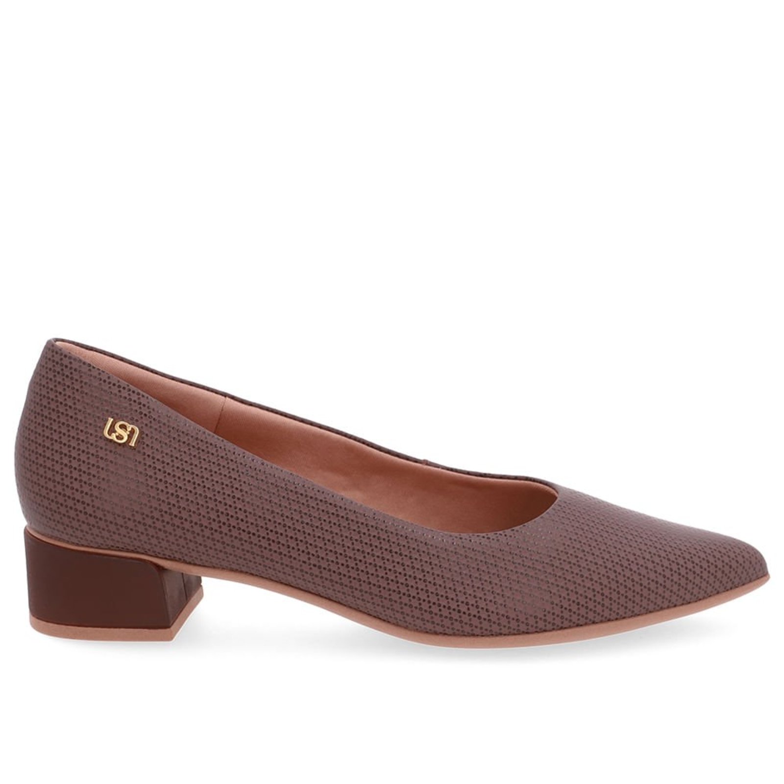 Scarpin Marrom Salto Bloco Couro Bico Fino