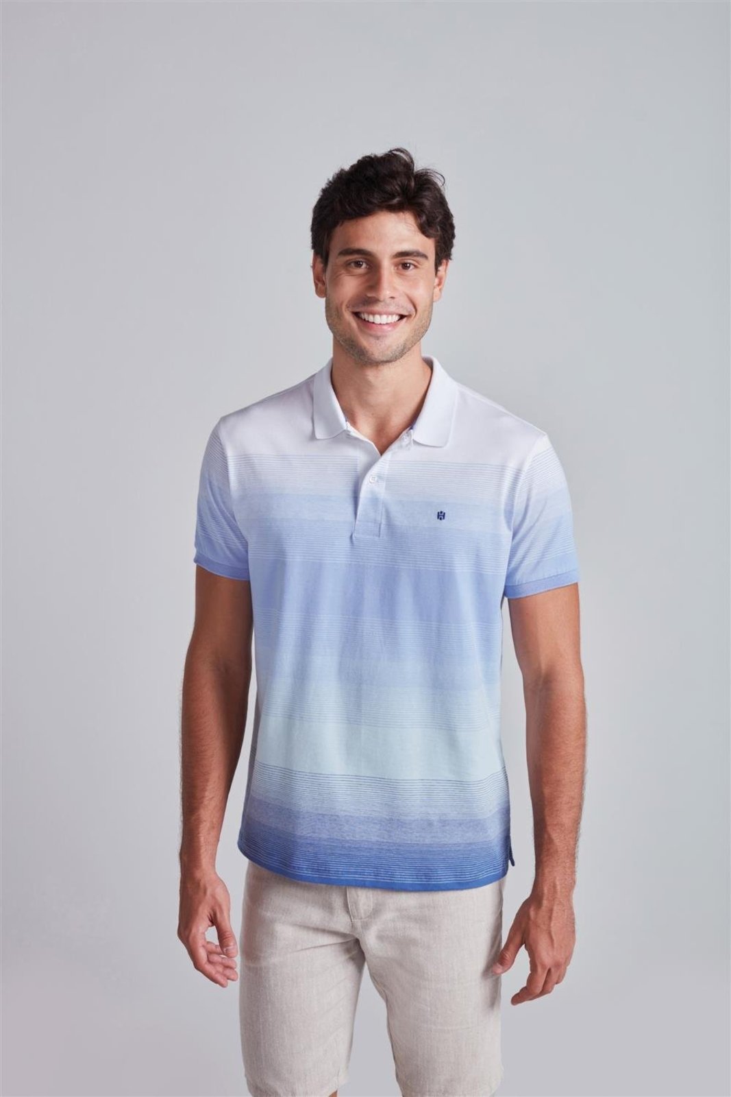 HIGHSTIL Camisa Polo Malha Slim Fit - Branco / Azul Médio