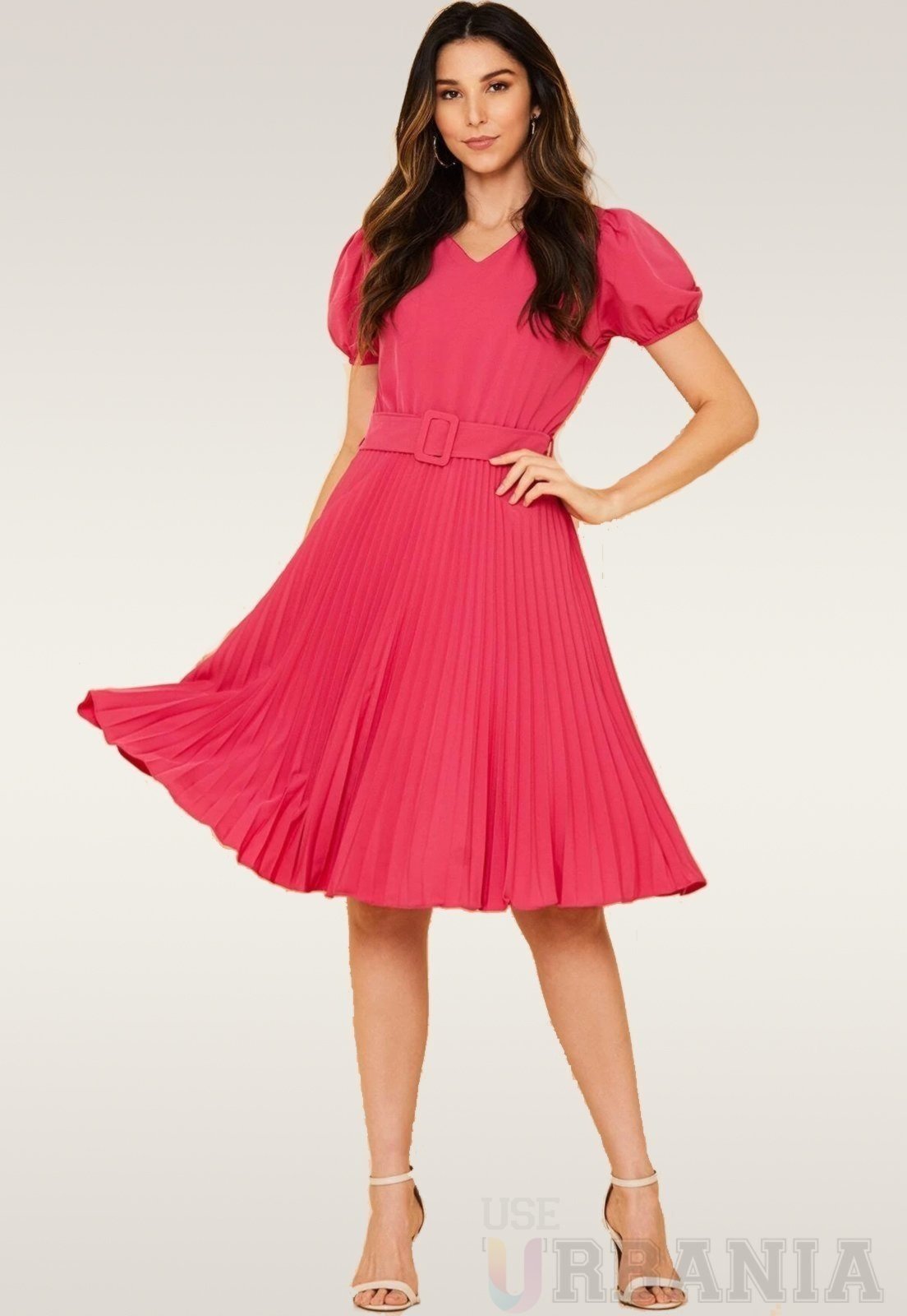Vestido Plissado rosa pink Urbania moda feminina Midi Rodado Moda Evangelica com cinto Manga princesa Bufante com forro cinto