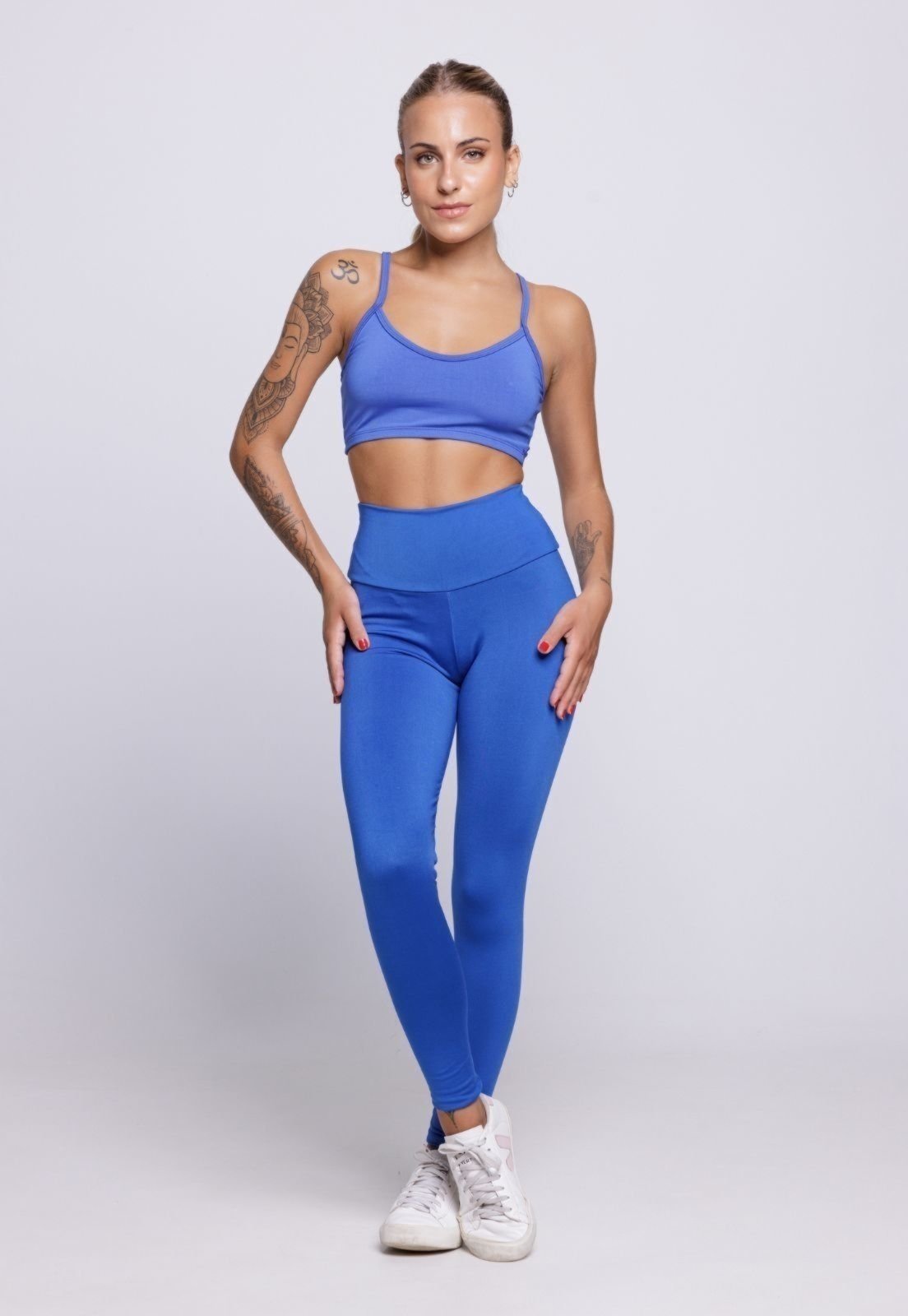 Conjunto Top e Calça Fitness WLS Modas Alça Fina Nadador Cintura Alta Azul Royal