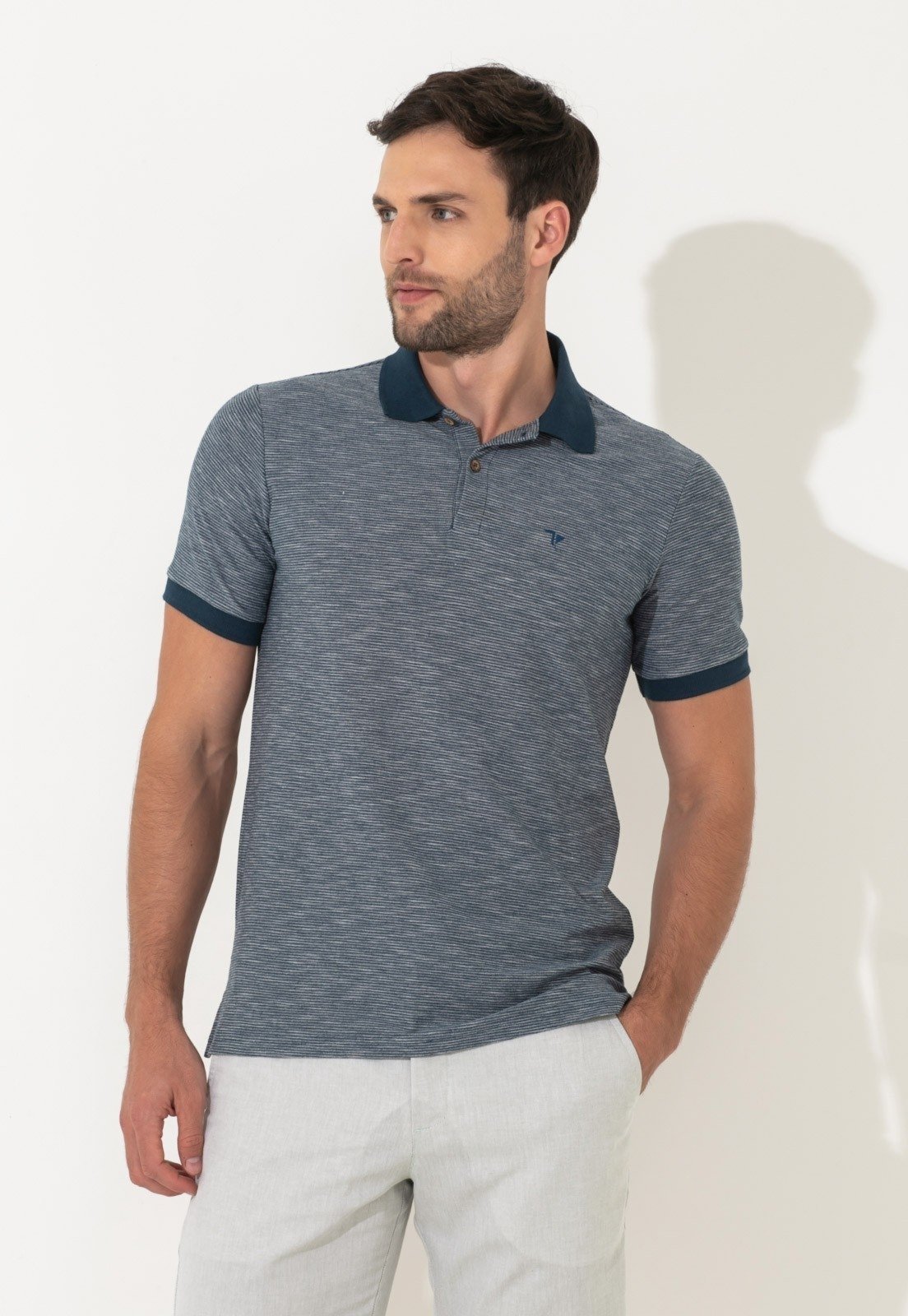 Polo Traymon Manga Curta Slim Azul Petroleo