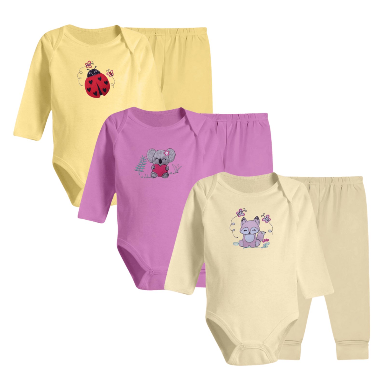 Infantil - Kit Com 3 Conjuntos Body Bordado e Calça Mijão Algodão Rosa