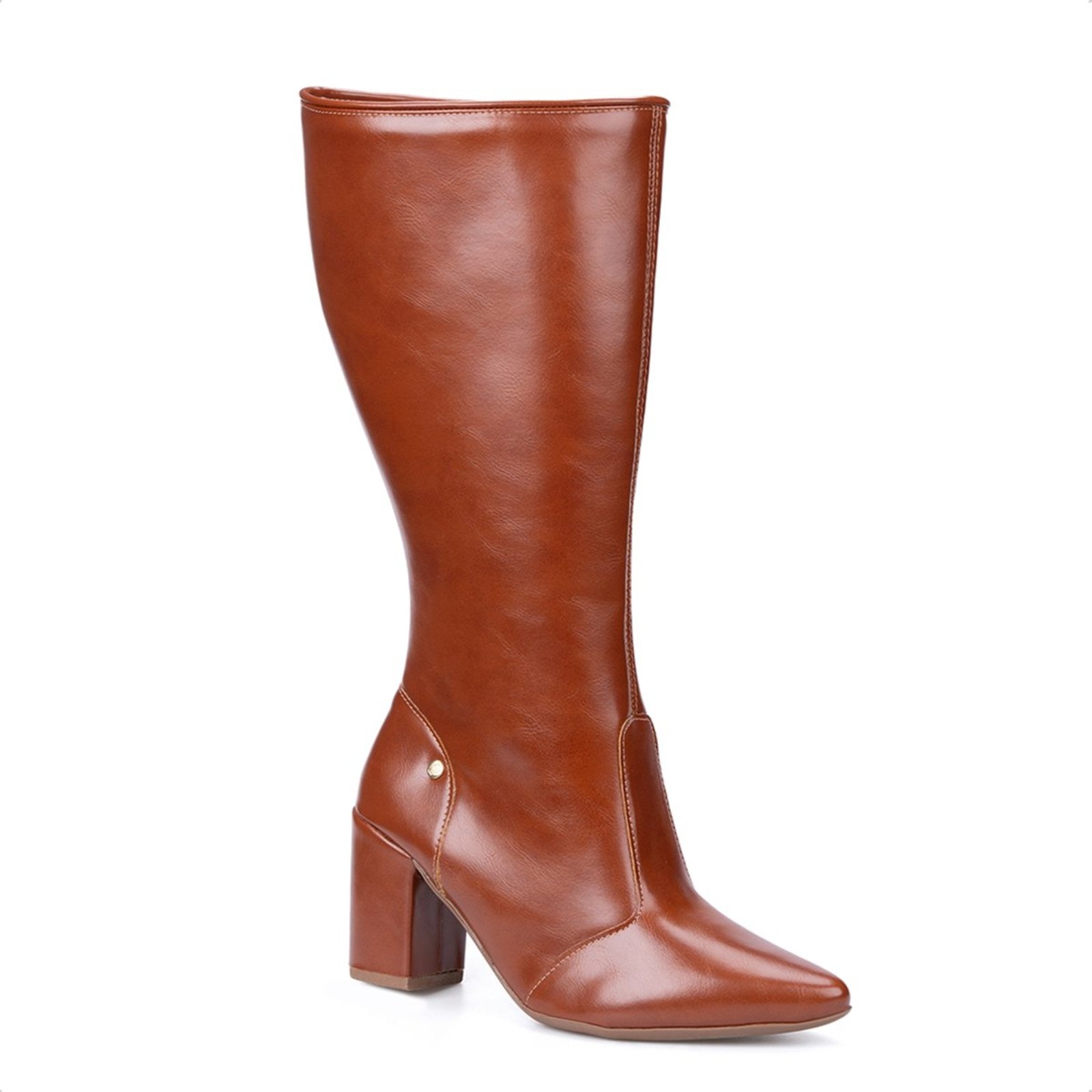Bota Social Domidona Feminina Caramelo Cano Alto Bico Fino Salto Alto Bloco