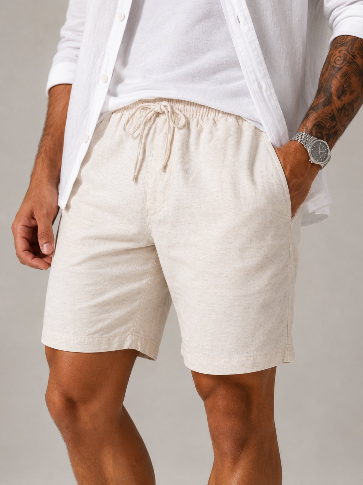 Bermuda Masculina Linho Premium Purple Jeans Off White Com Elástico e Cordão Casual Verão