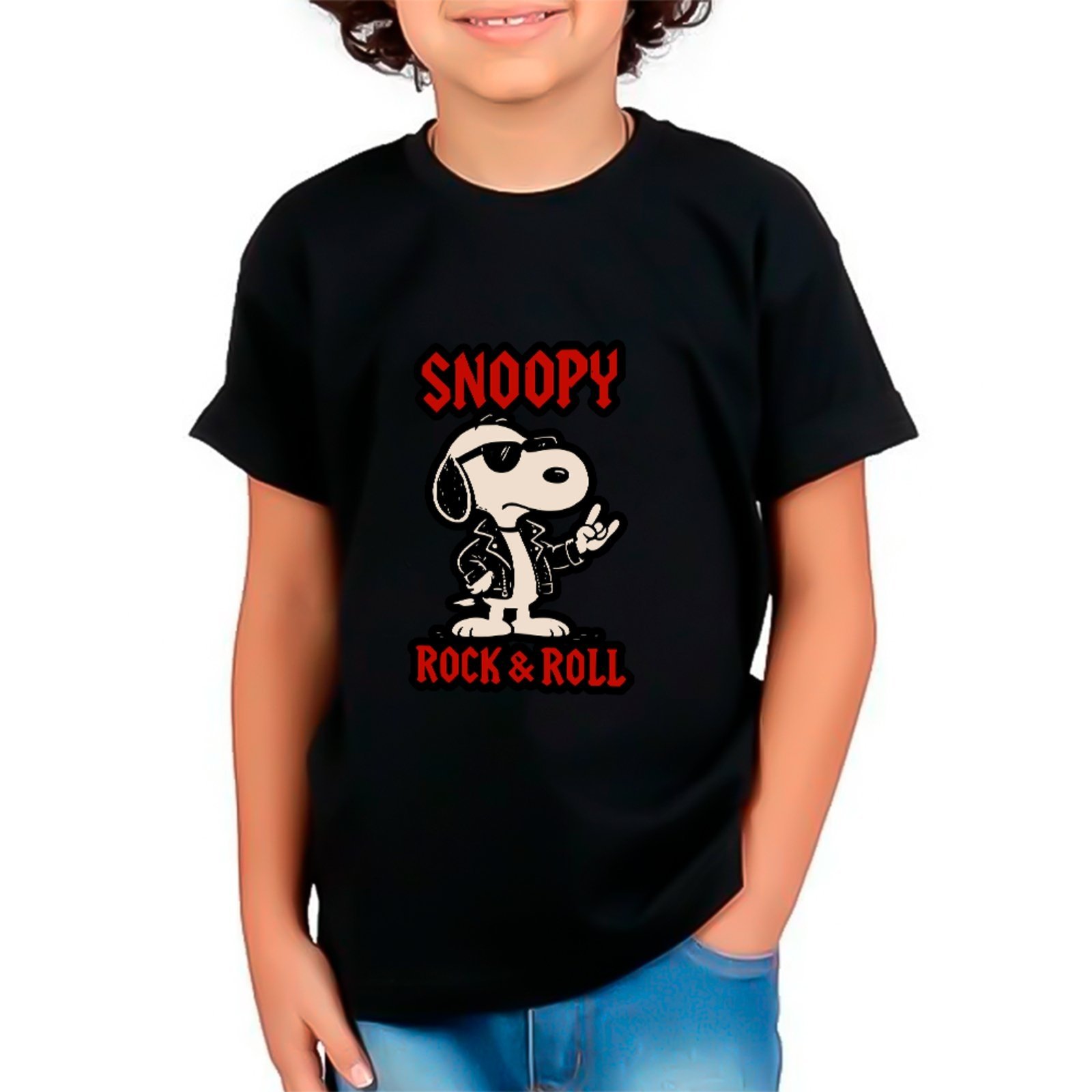 Infantil - Camiseta Snoopy Rock N Roll Cartoon Desenho Animado Unissex Preto