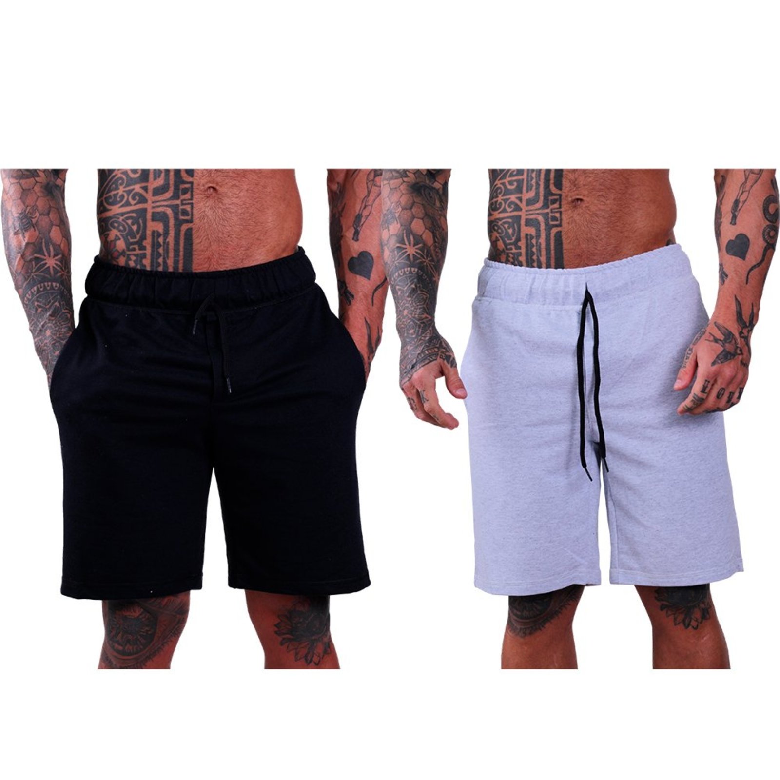 Kit 2 Bermuda Moletom e Moletinho MXD Conceito Academia Musculação Preto e Mescla Alvejado