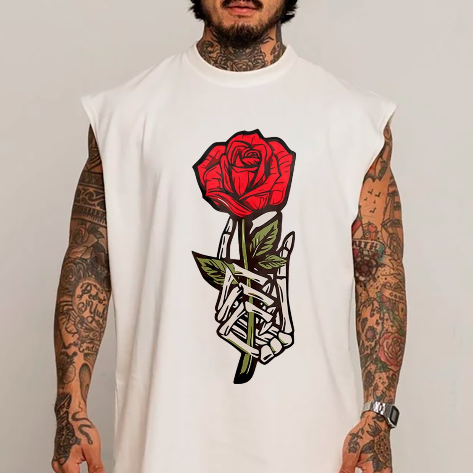 Camiseta Regata Machão Skeleton Rose Tattoo Estilo Streetwear Branco