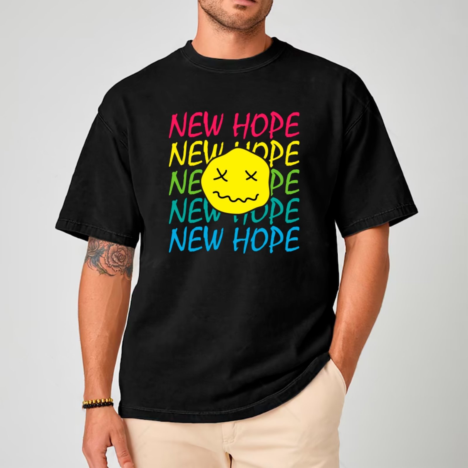 Camiseta Ousy Streetwear New Hope Cartoon Face Multicolor Smile Oversized Preto
