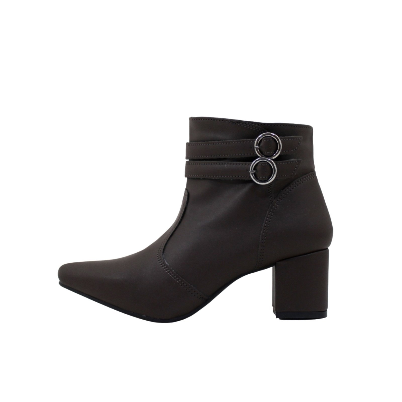 Bota Feminina Cano Curto Lirom Fivela Zíper Salto Grosso Bico Fino Social Café