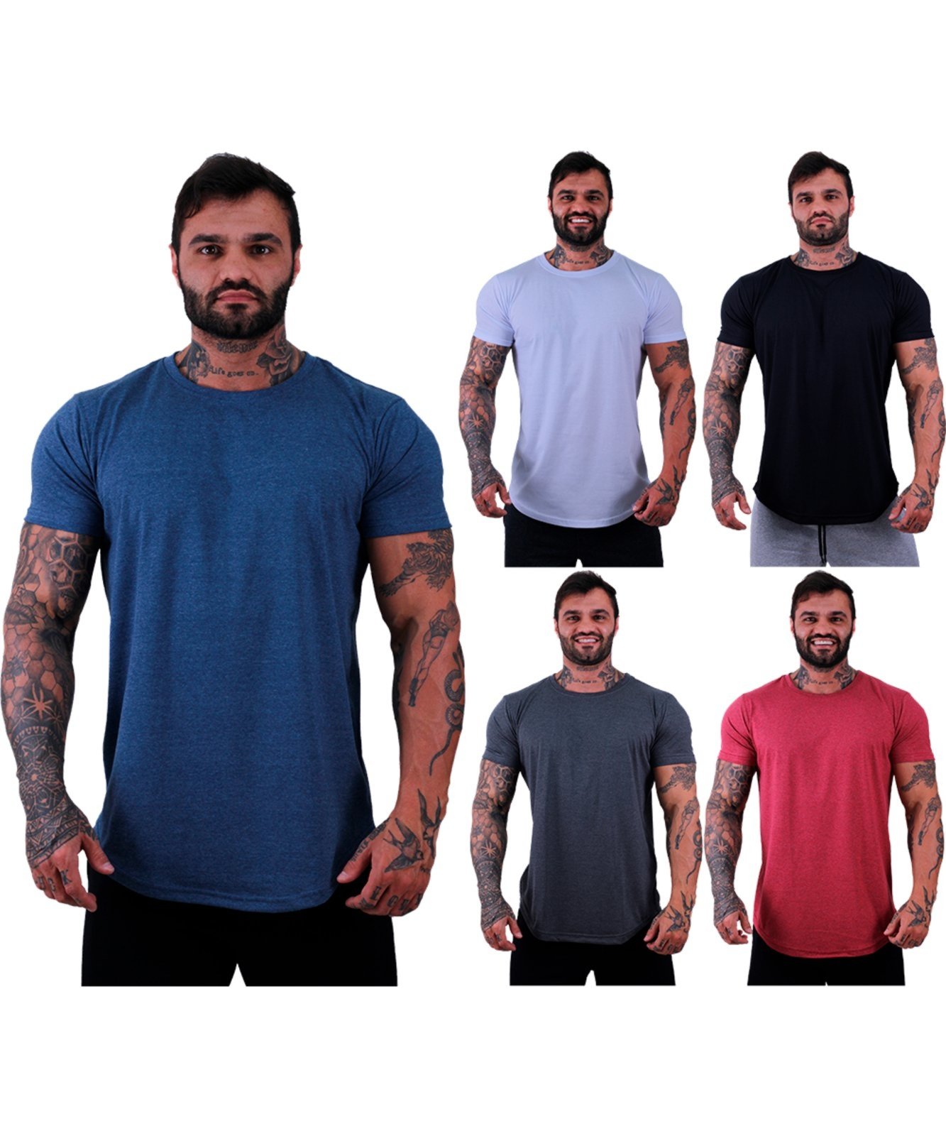 Kit 5 Camiseta Longline Masculina MXD Conceito para Academia e Casual Slim Mescla Marinho, Branco, Preto, Mescla Preto e Mescla Vermelho