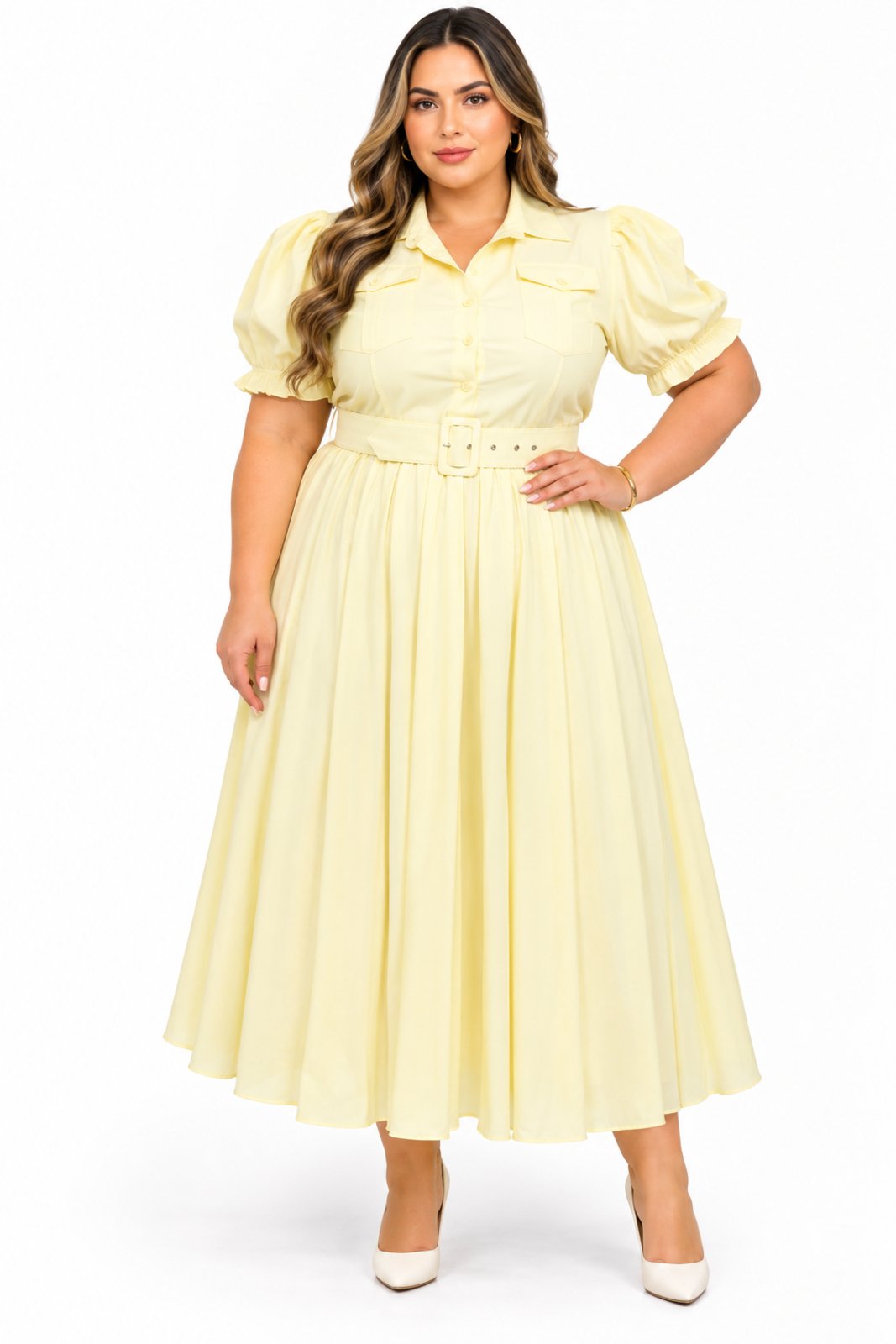 Vestido Midi Plus Size D Bell Outlet Fashion Cinto e Saia Plissada Amarelo Manteiga