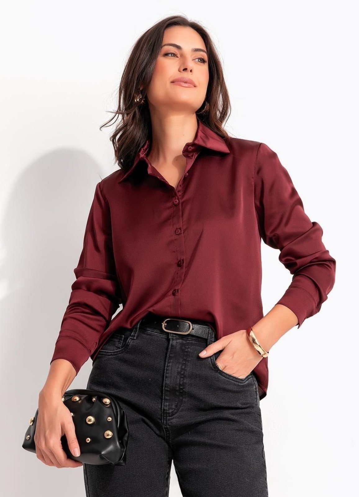 Camisa Acetinada Bordô Com Botões Forrados E Punho Estruturado - Quintess Quintess