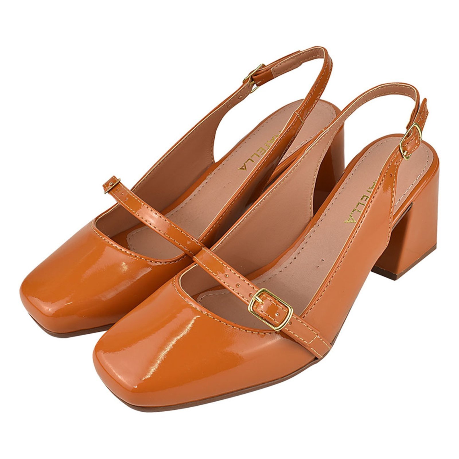 Sapato Scarpin Feminino Mary Jane Donatella Shoes Aberto Bico Quadrado Salto Alto Caramelo Verniz