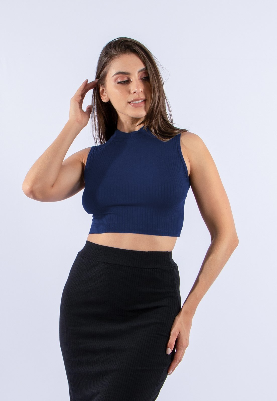 Vista 3 Blusa Cropped Diluxo Gola Alta azul marinho Diluxo azul marinho