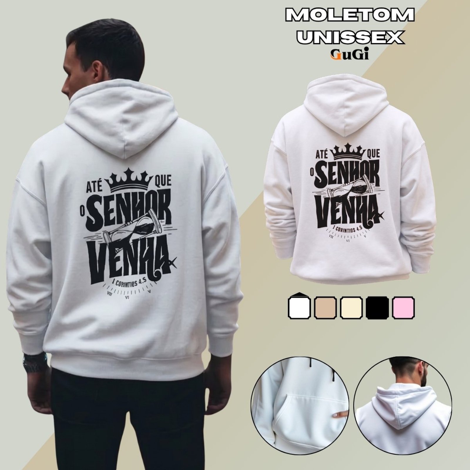 Moletom Canguru Unissex Com Capuz Mensagem Religiosa GuGi - Branco