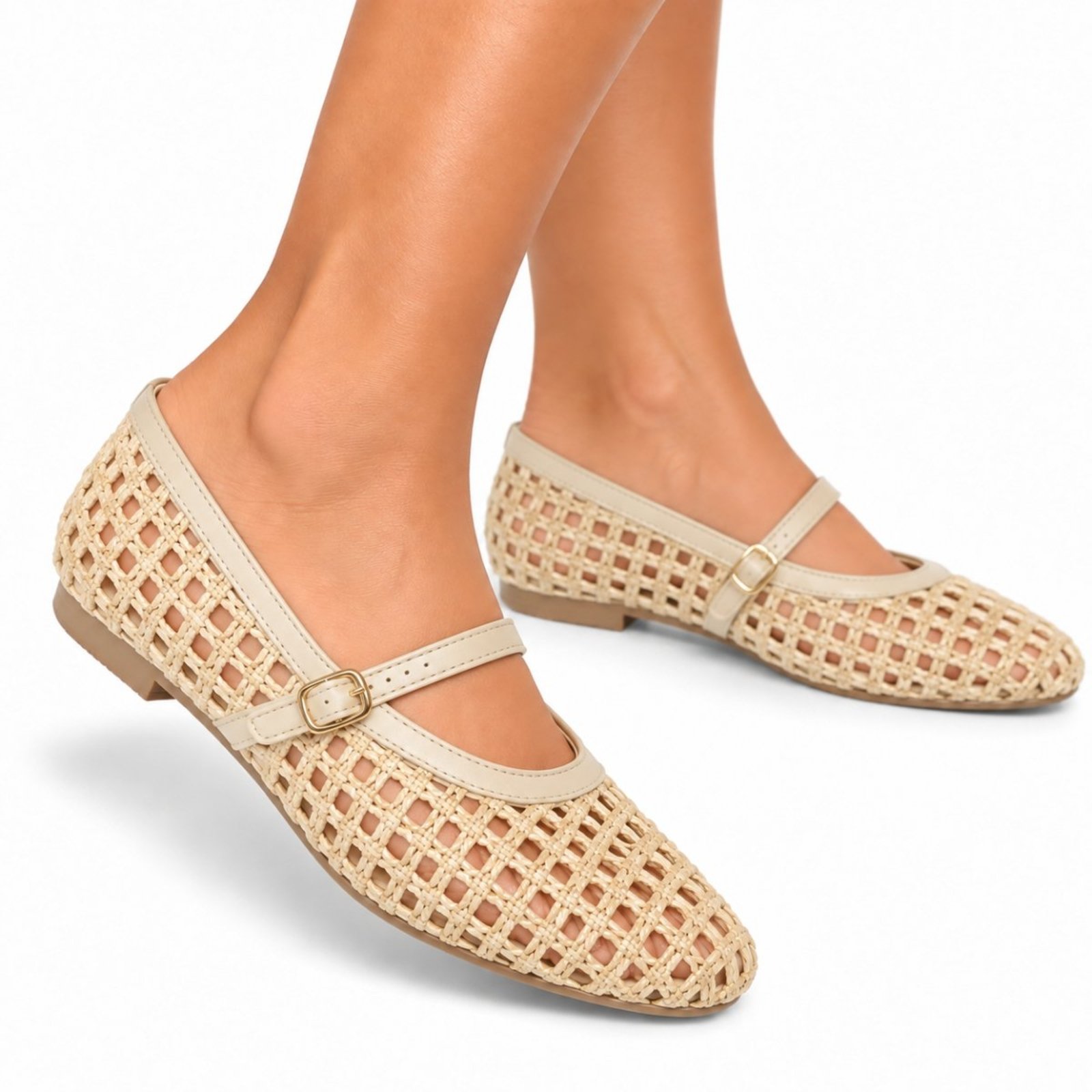 Sapatilha Feminina Flor da Pele Estilo Boneca em Trama Vazada Tira Com Fivela 5409 Palha Com Nude