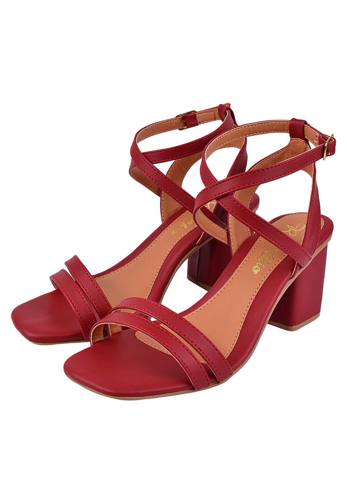 Sandália Salto Grosso Rosa Chic Calçados Feminino Salto Baixo Bloco Bico Quadrado Vermelho
