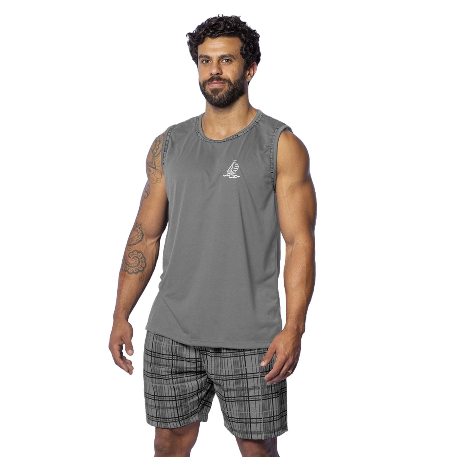 Pijama Tetê Variedades Regata Masculino Malha Traje de Dormir Confortável Short Estampado Conjunto de Verão Cinza