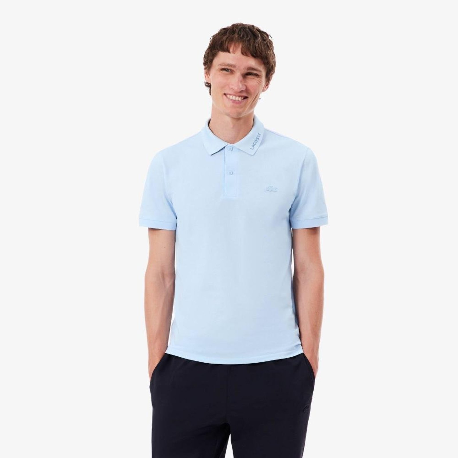 Camisa Polo Jacquard Lacoste Slim Fit com Marca Azul