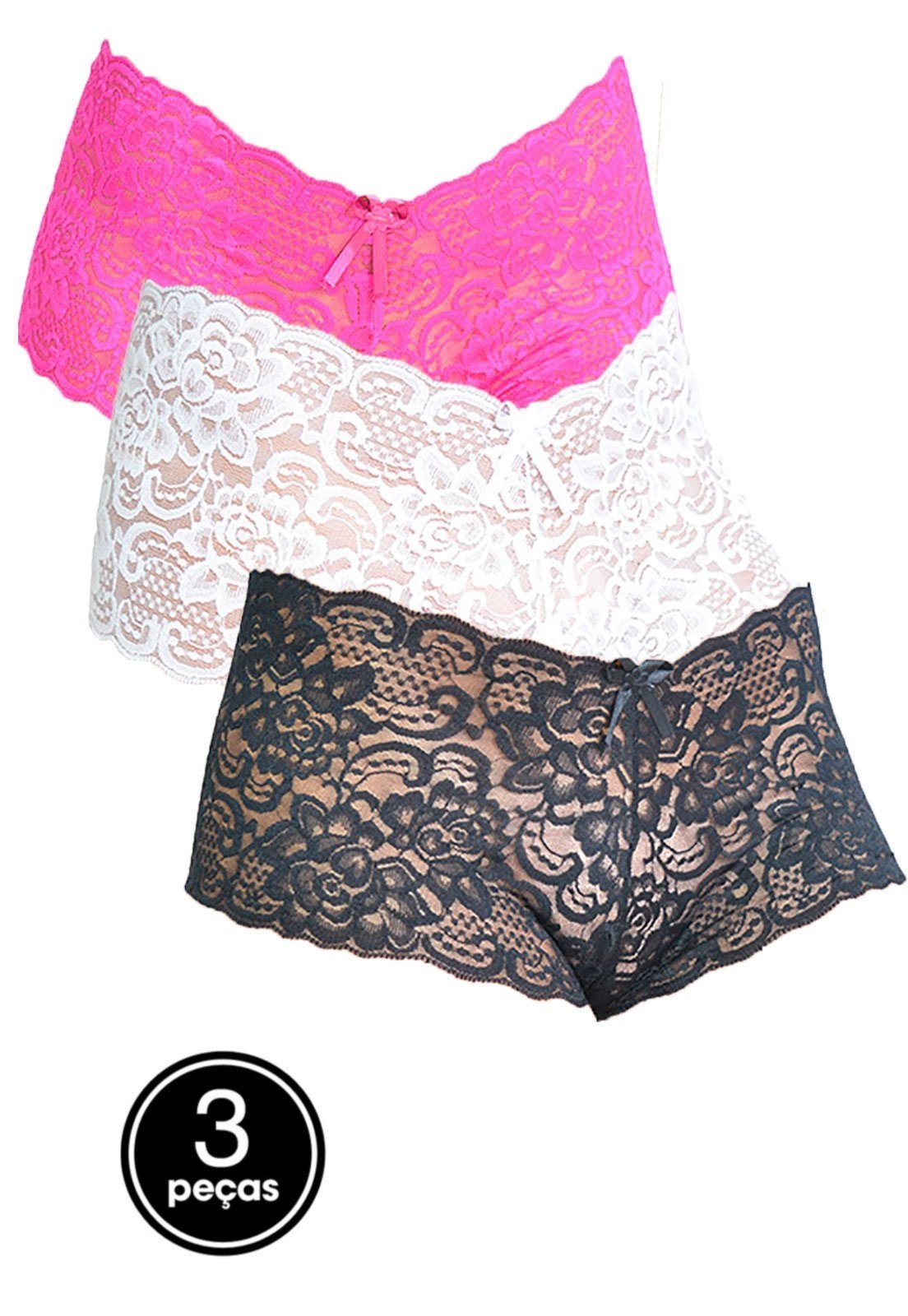 Kit 3 Calcinha Feminina WLS Modas Lingerie Sexy Renda Caleçon