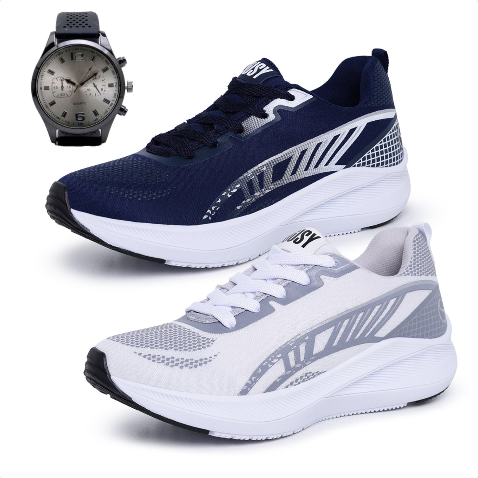 Kit 2 Pares Tênis Esportivo Masculino Feminino Original Para Treino Leve Branco e Azul Marinho Mais Relógio