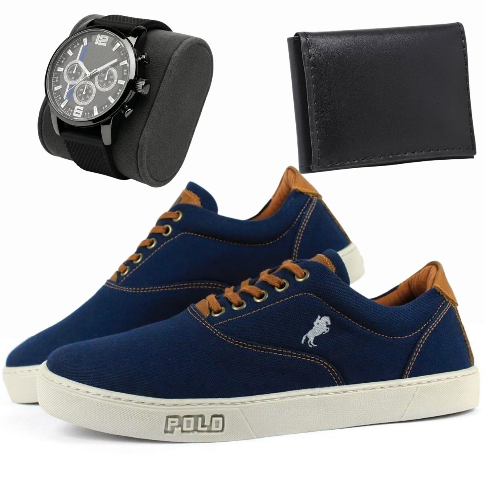 Tênis Masculino Sneaker Sapatênis Casual Polo White Casual + Relógio com Carteira Confortável Marinho