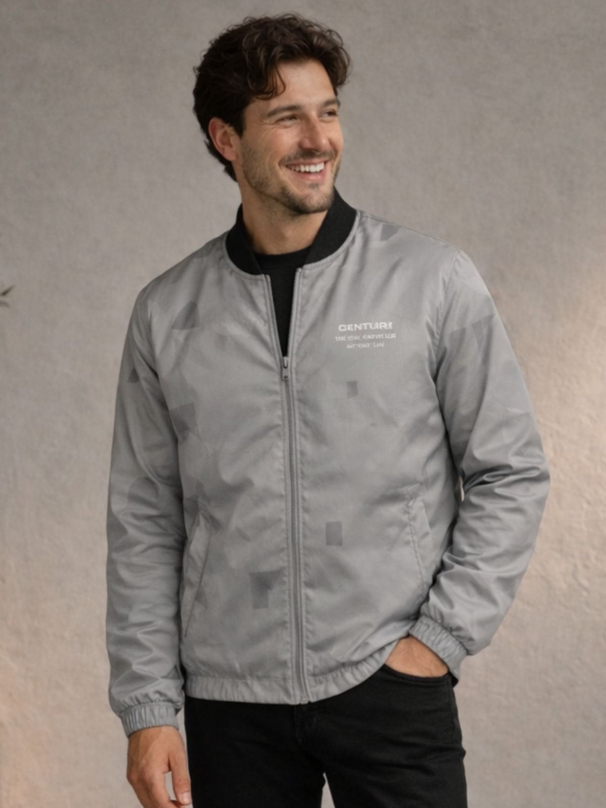 Jaqueta Masculina Bomber Cinza Estampada com Zíper Casual Moderna