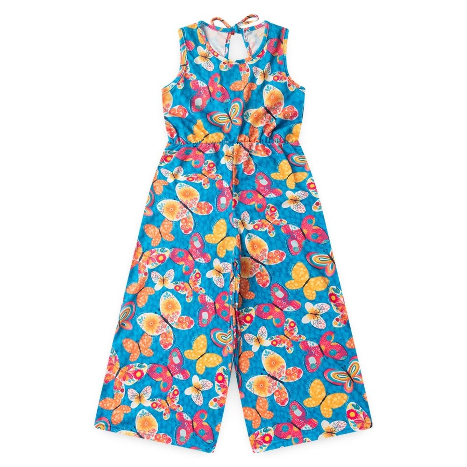 Vista 3 Infantil - Macacão Pantacourt Verão Menina com Amarração nas Costas Borboletas Molekada azul Molekada azul