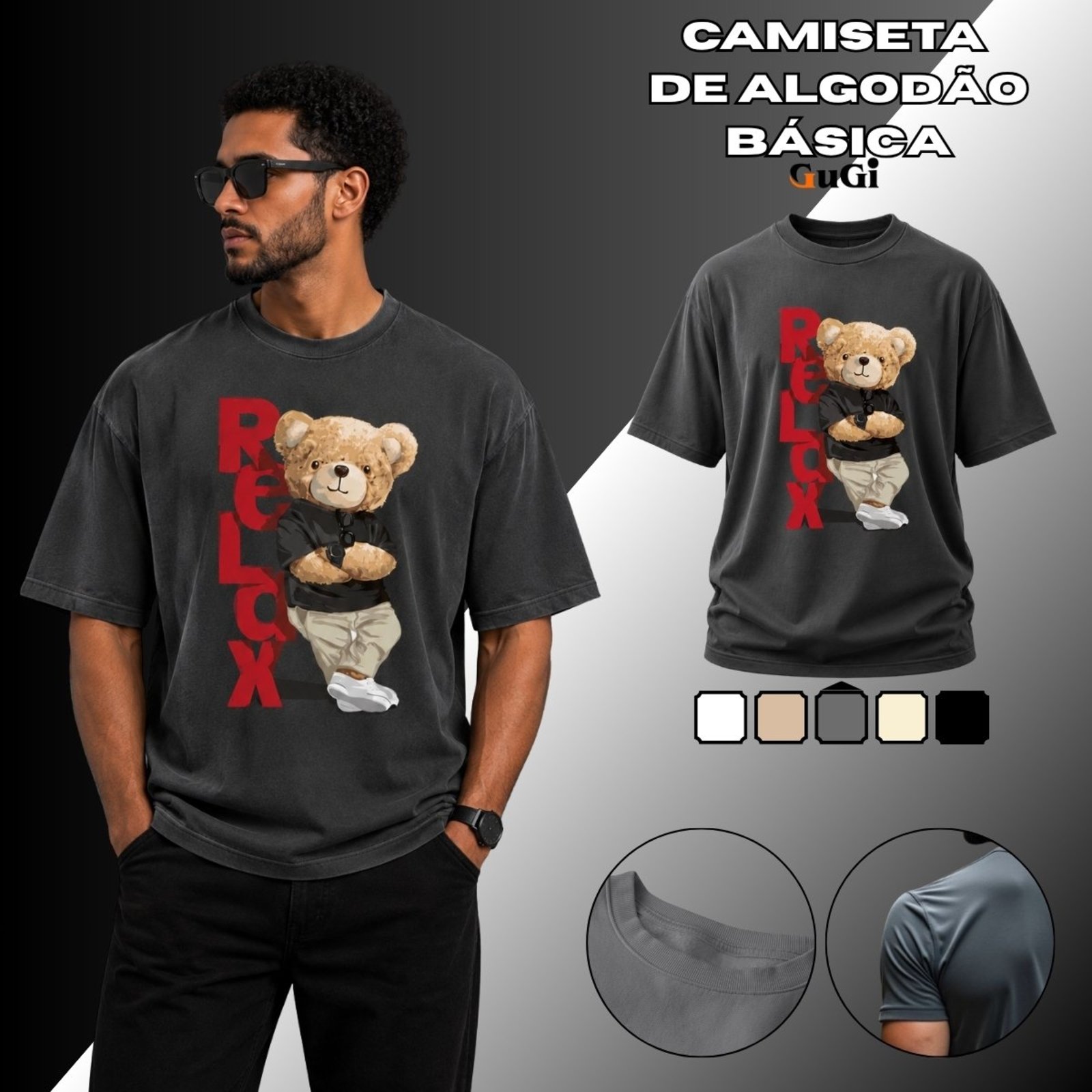 Camiseta Masculina Relax Urso Pelúcia 100% Algodão 30.1 Chumbo
