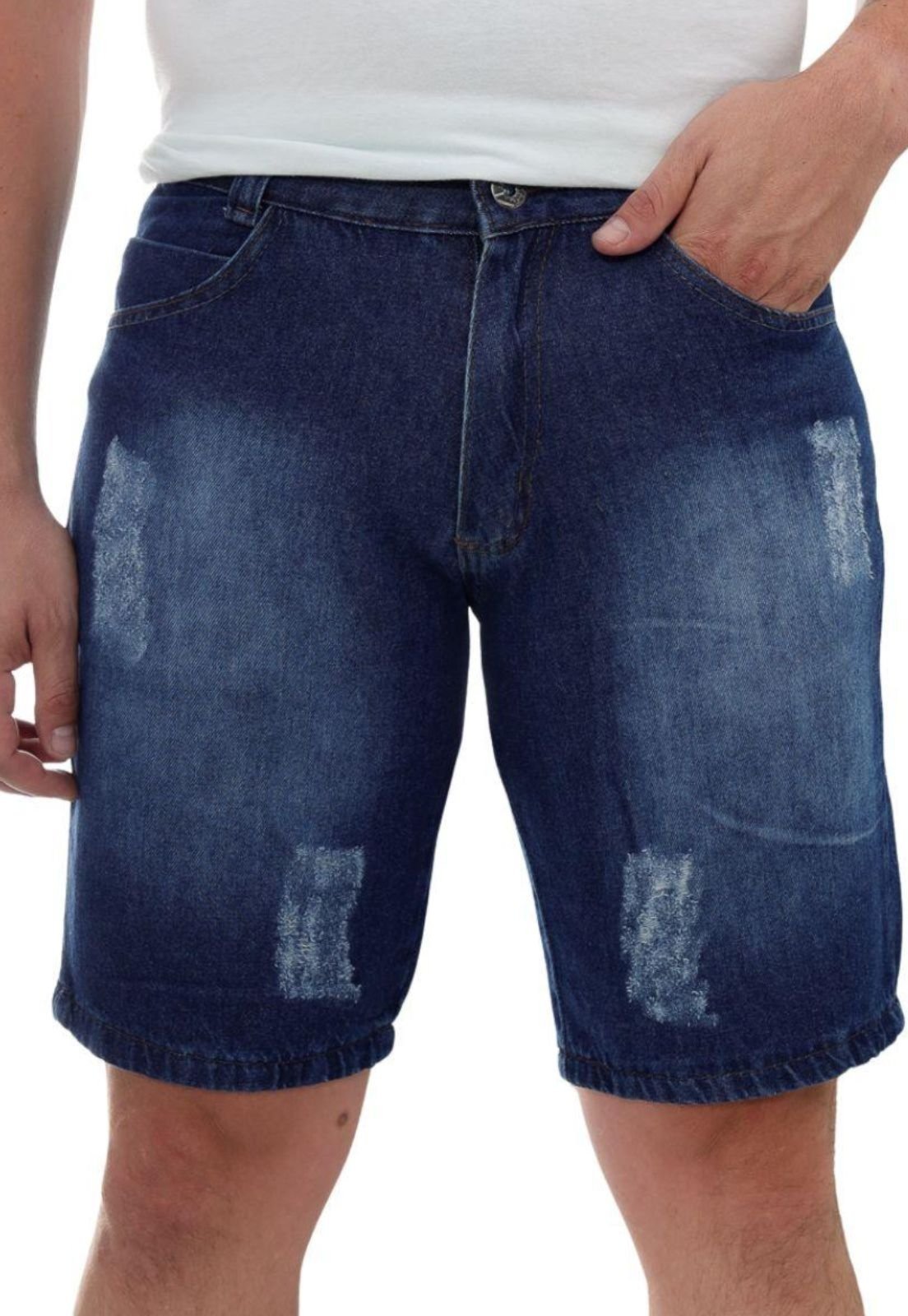 Bermuda Jeans Masculina Modelo Básico Lavagem Escura Detalhes Puídos Moda Premium