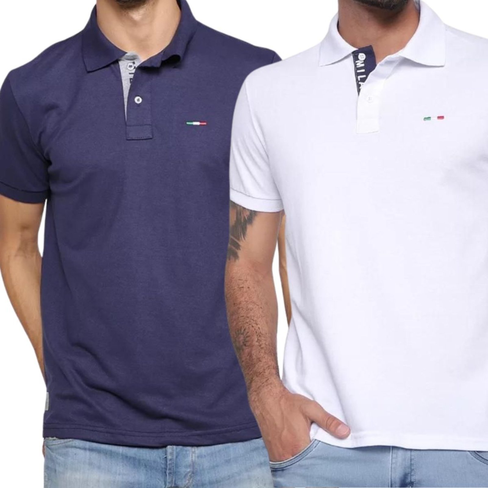 Kit 2 Polos Masculina Básicas Industrie Piquet no Estilo Tommy Bordado Itália Marinho Cinza