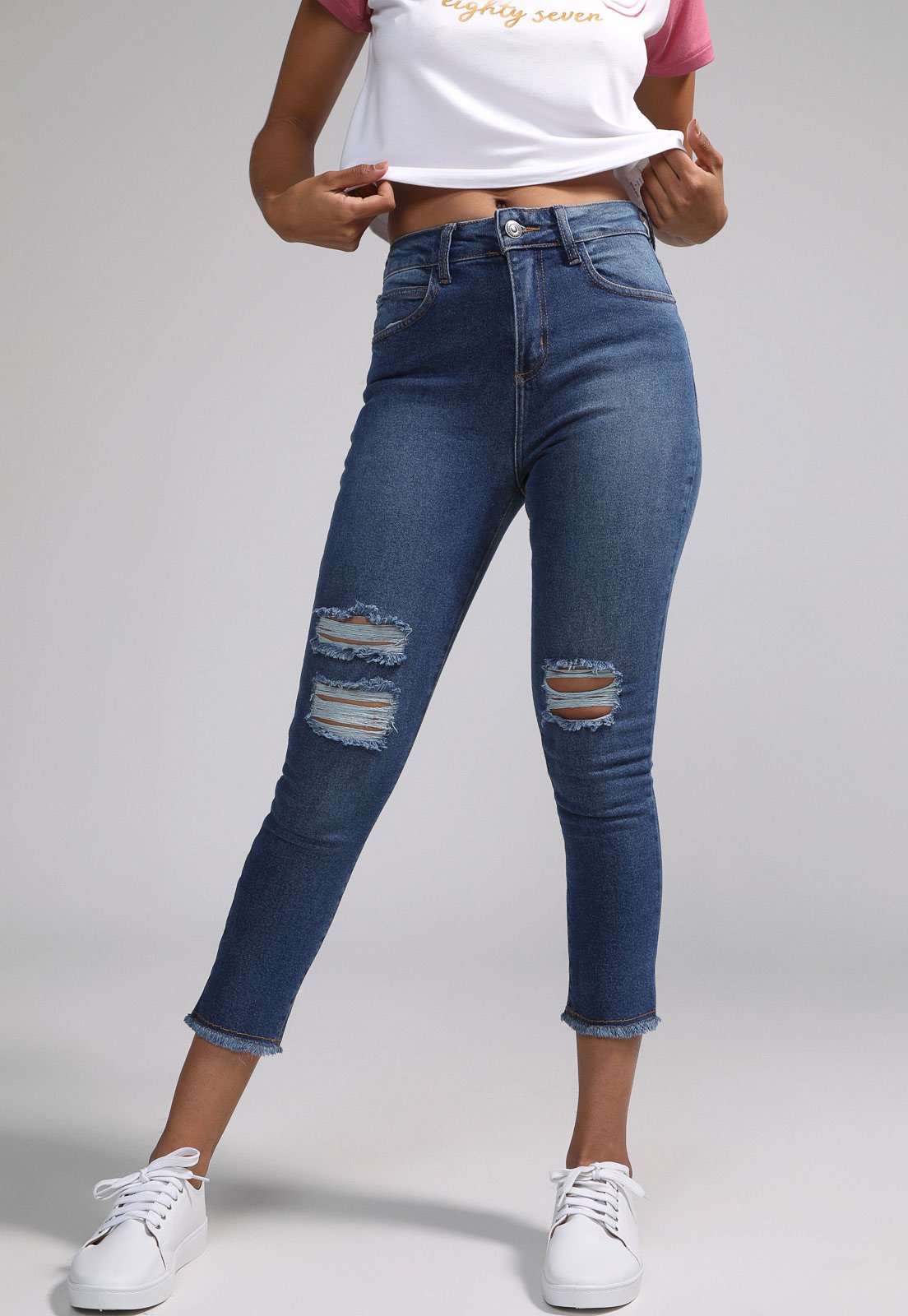 Calça Cropped Jeans Aeropostale Skinny Destroyed Azul-Marinho