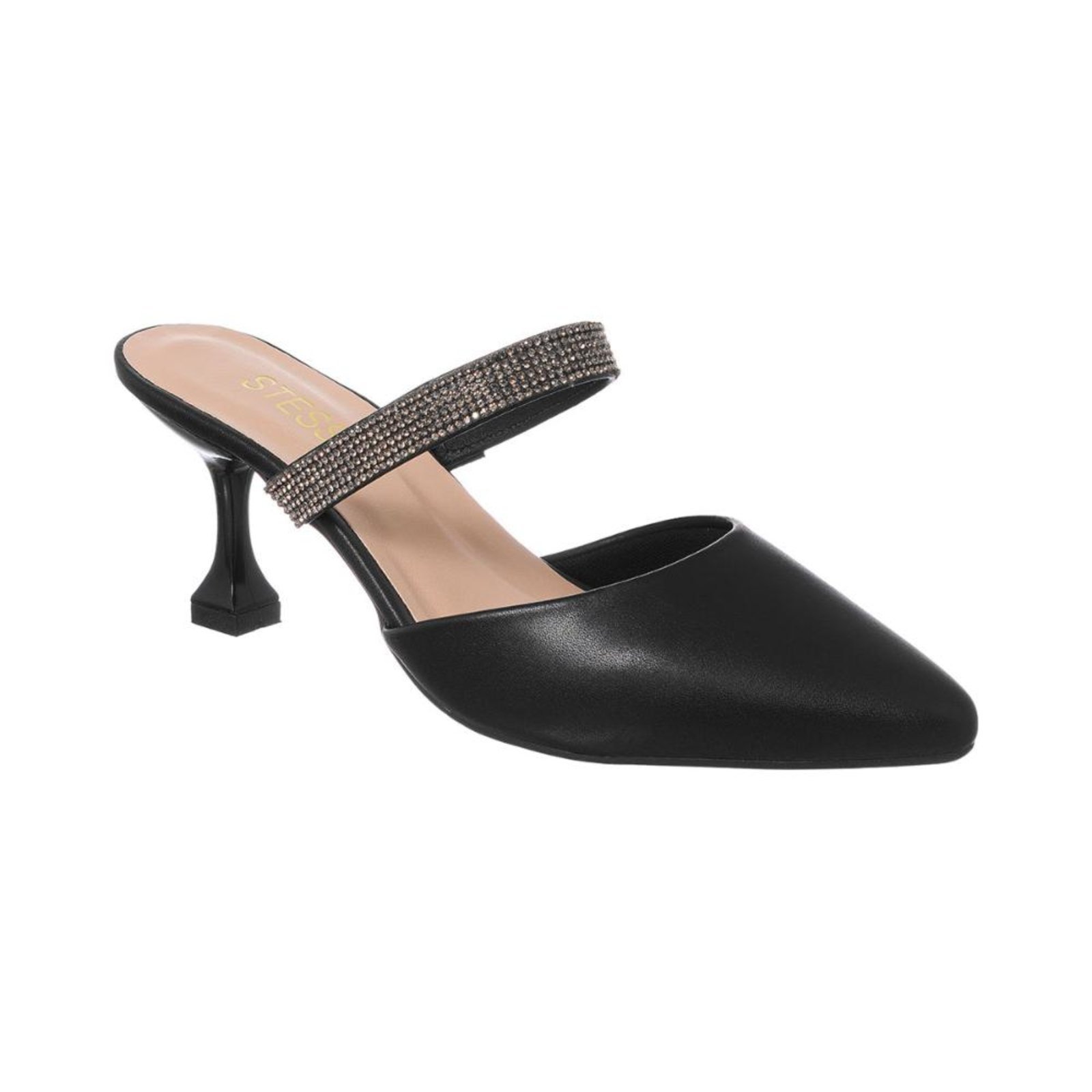 Scarpin Mule Salto Taça Baixo Bico Fino Com Brilho Strass Preto