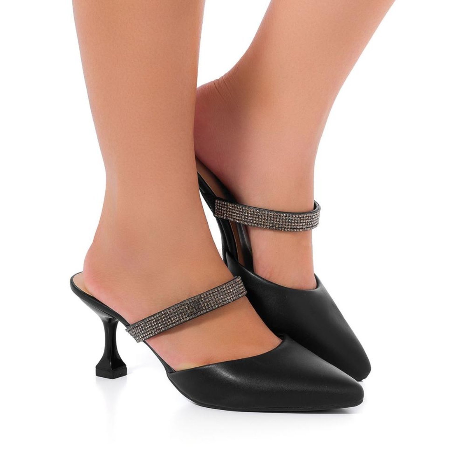 Vista 3 Scarpin Mule Salto Taça Baixo Bico Fino Com Brilho Strass Stessy Shoes preto Stessy Shoes preto