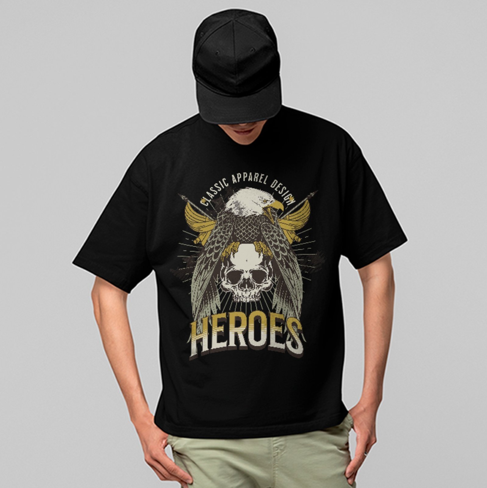 Camiseta Oversized Premium Heroes Águia Caveira Streetwear Unissex Preto