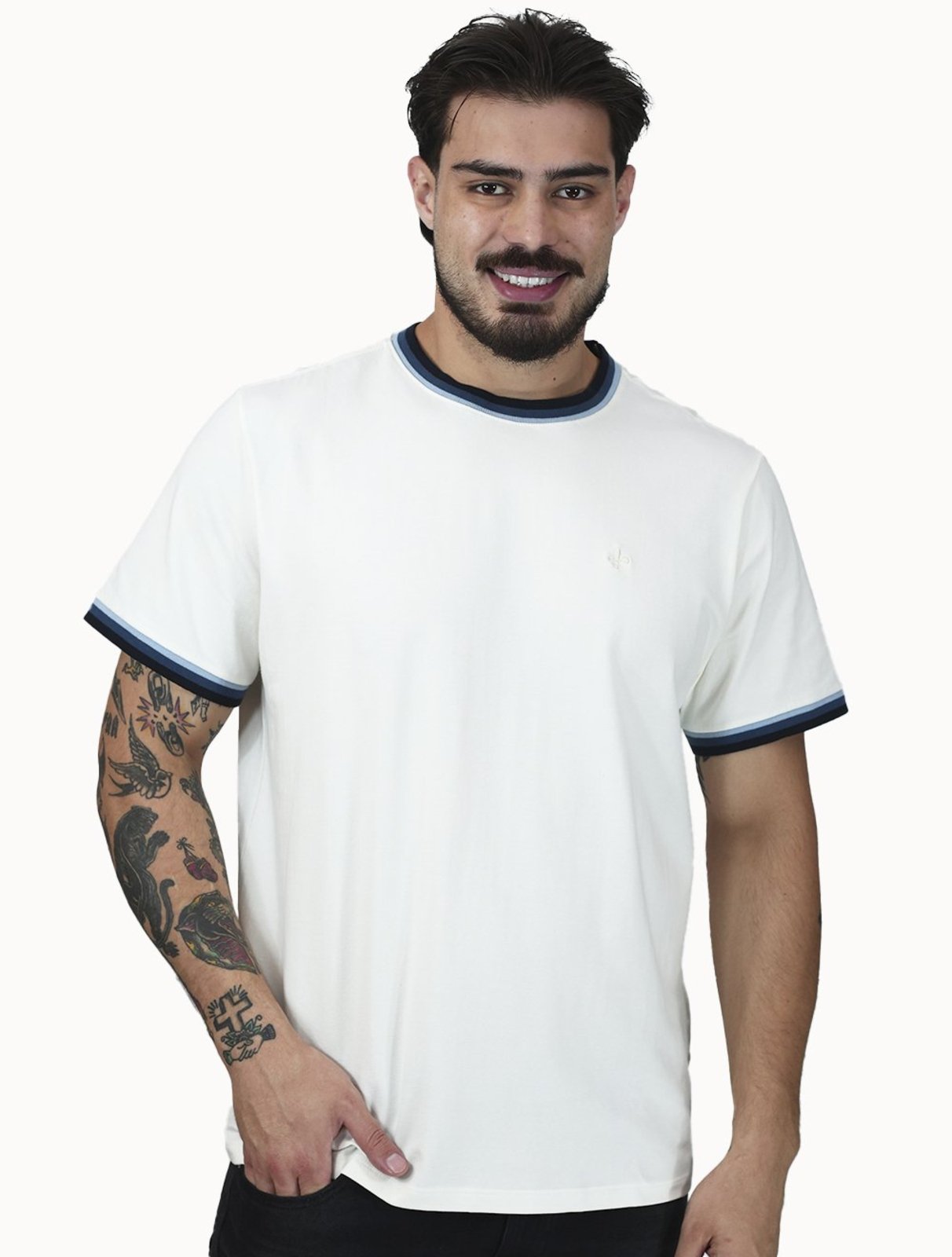 Camiseta Dudalina Masculina Cotton Blue Listra Gola Off White