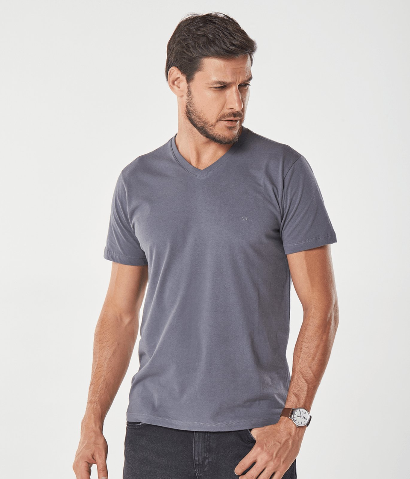 Camiseta Basica Manga Curta Decote V Masculina Cinza Medio