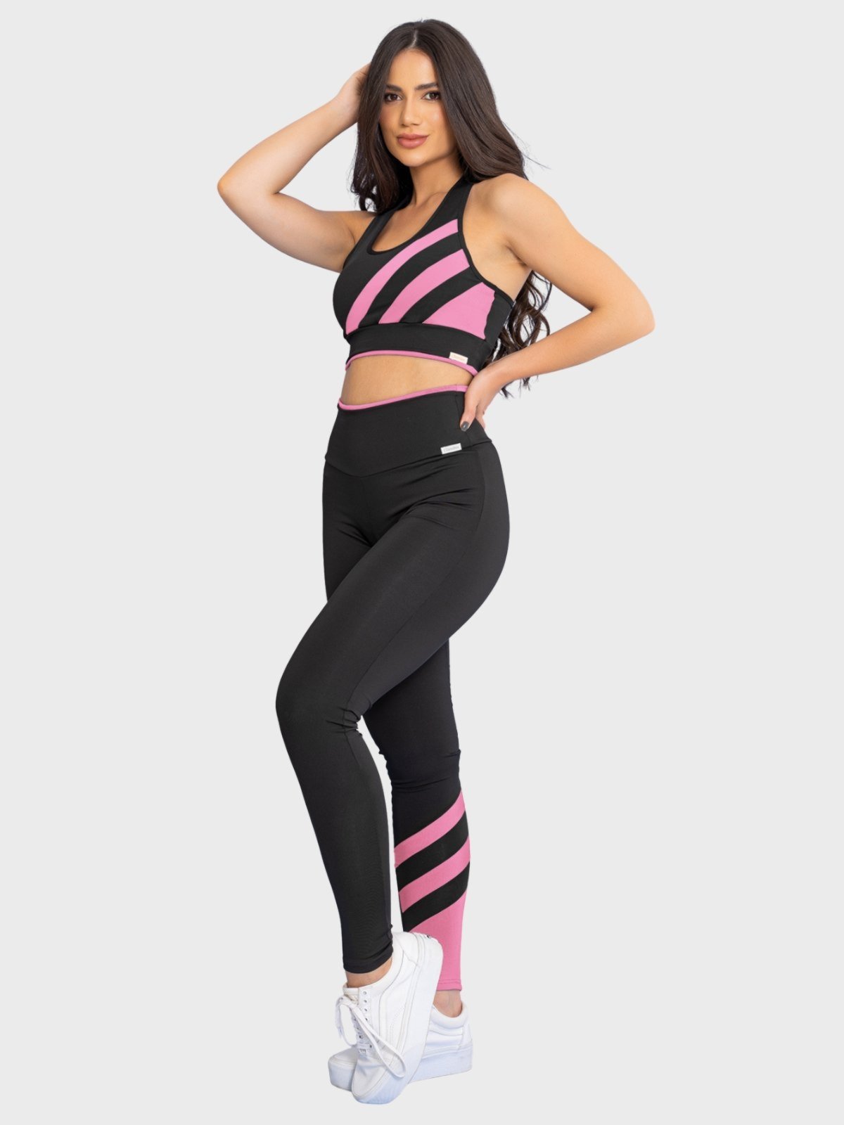 Conjunto Fitness Tarelles Top Calça Legging Cintura Alta Listras Preto e Rosa Claro