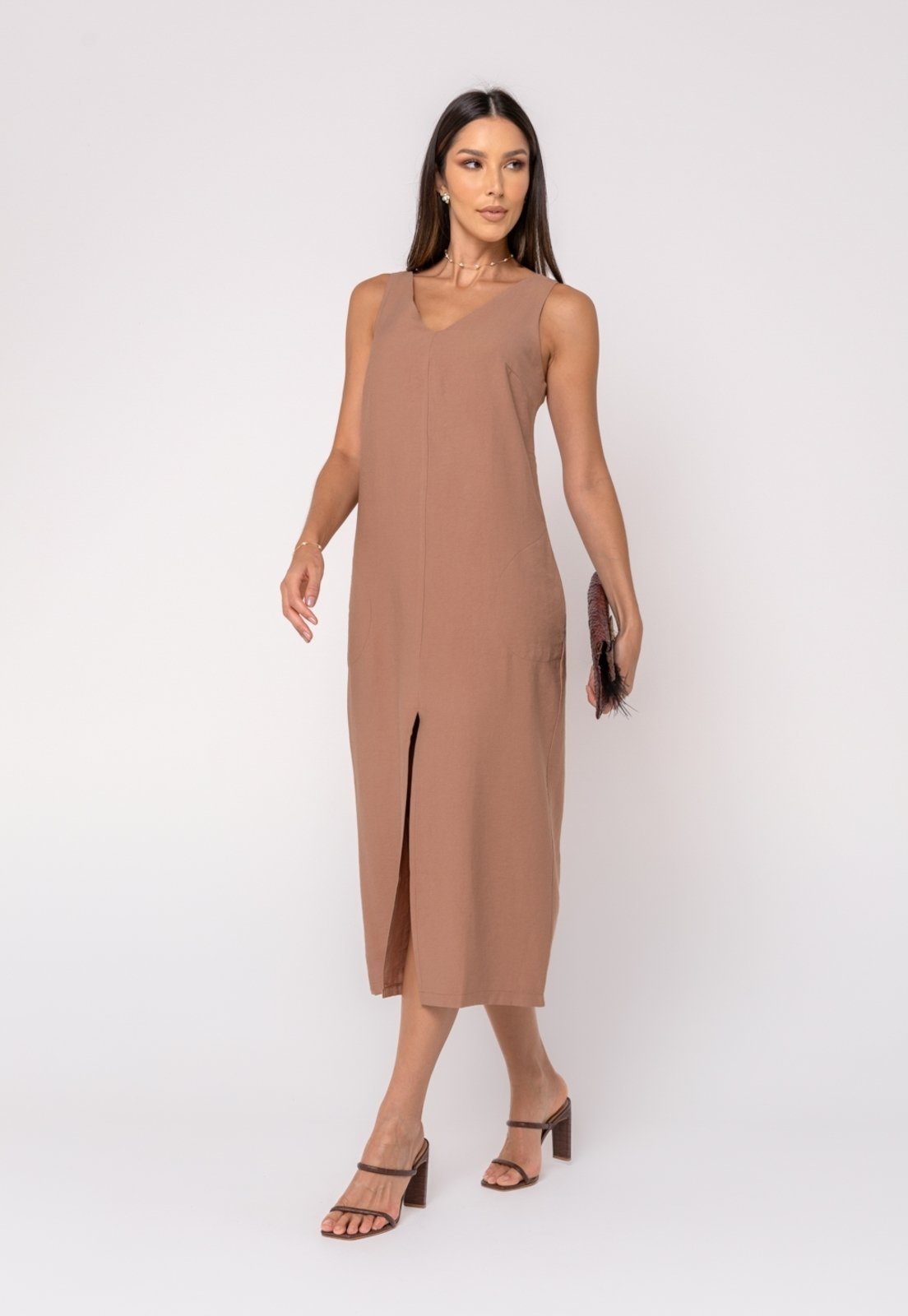 Vestido Midi Alfaiataria Fenda Salvatore Marrom