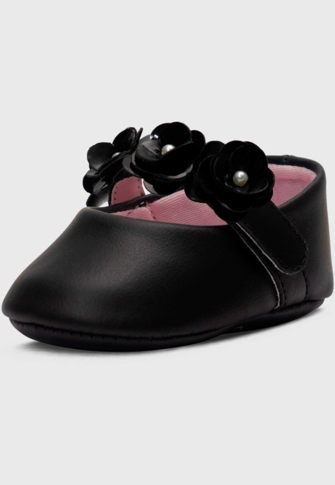 Infantil - Sapatinho Pópidi Menina Sapatilha Flores Preto