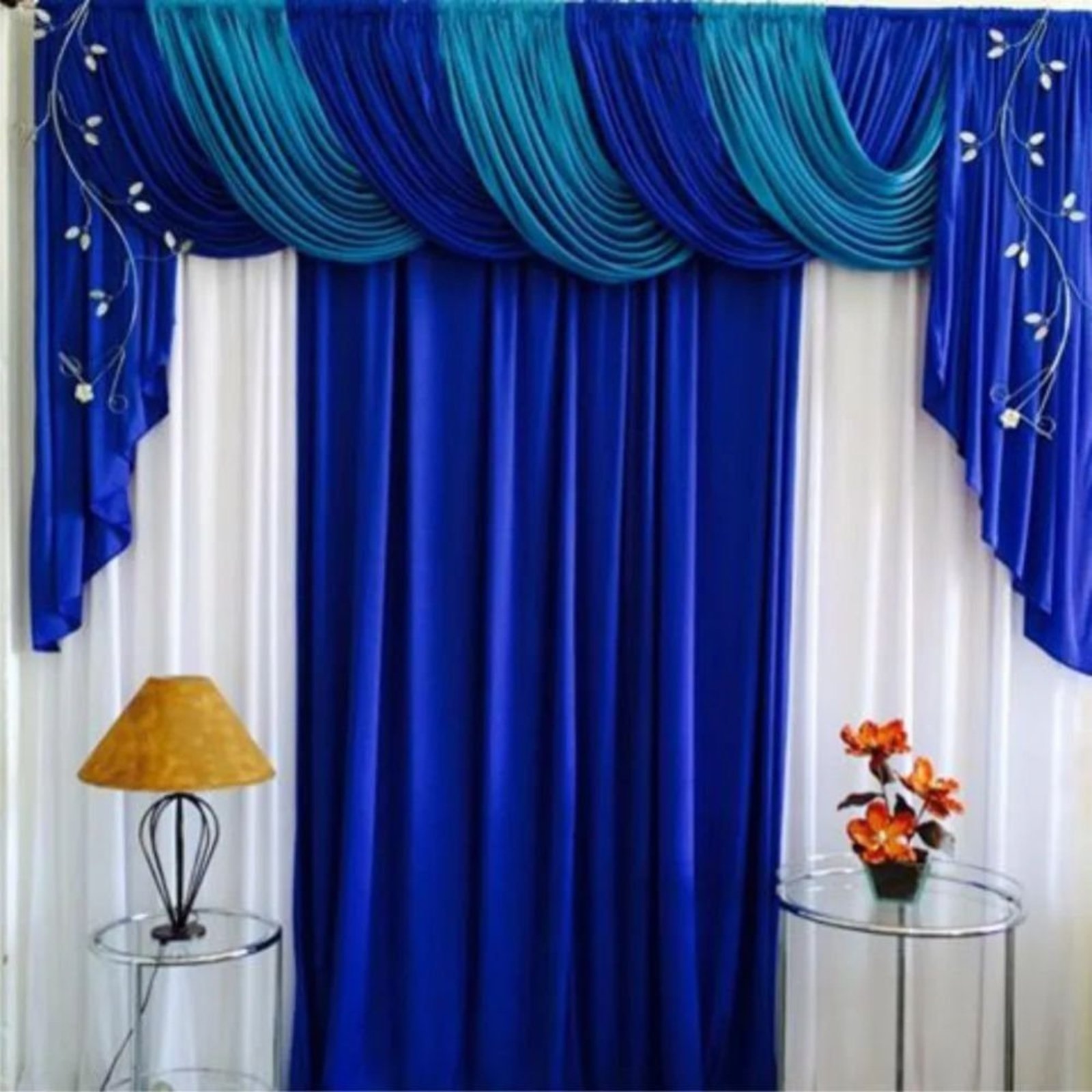 Cortina Romantic para Varão em Malha 3,00m x 2,60m Sala Quarto - Azul - 100% Poliéster