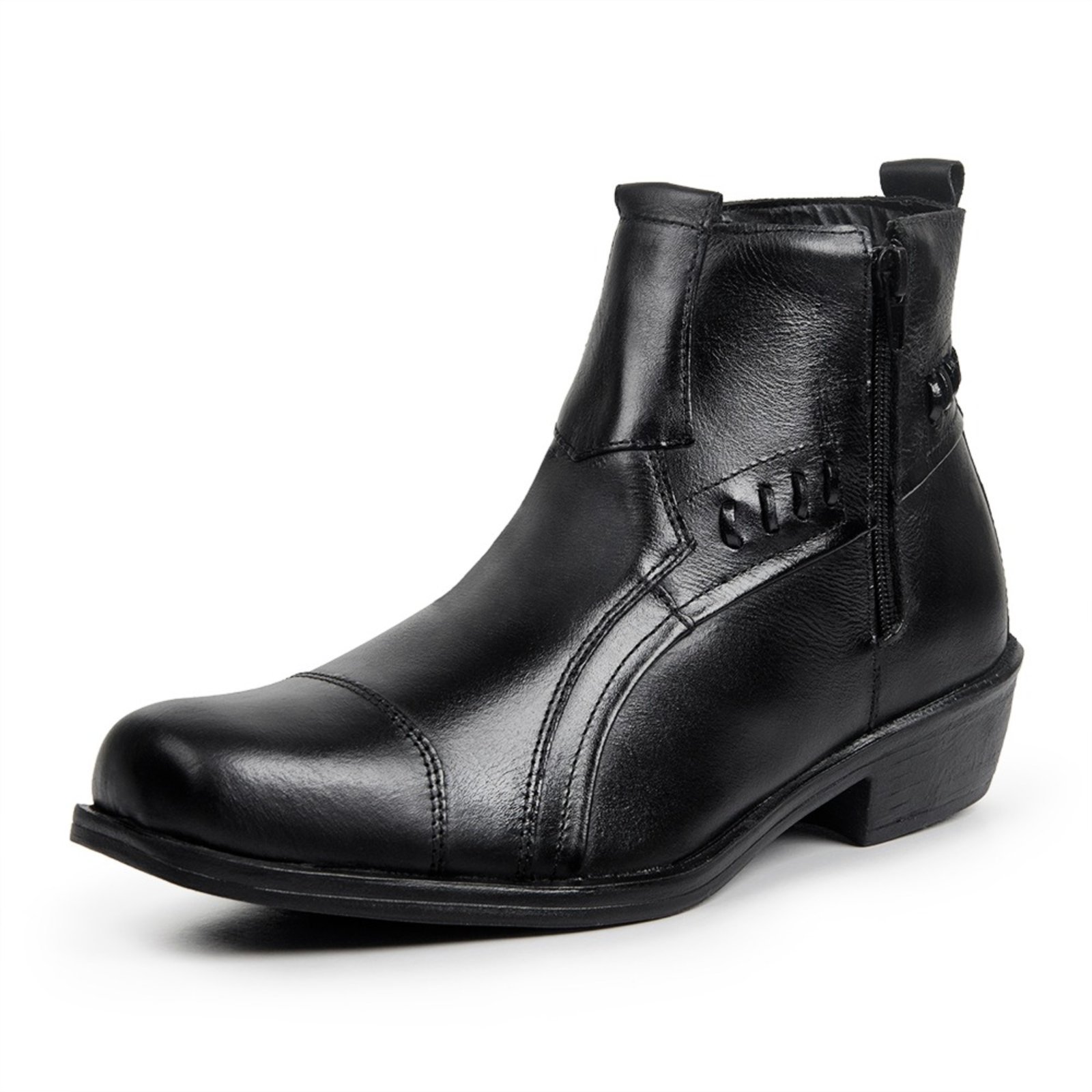 Bota Country Western Cowboy Couro Masculina Bico Quadrado Zíper Lateral Puxador Salto Bloco Fachete Forrada Confortável Preto