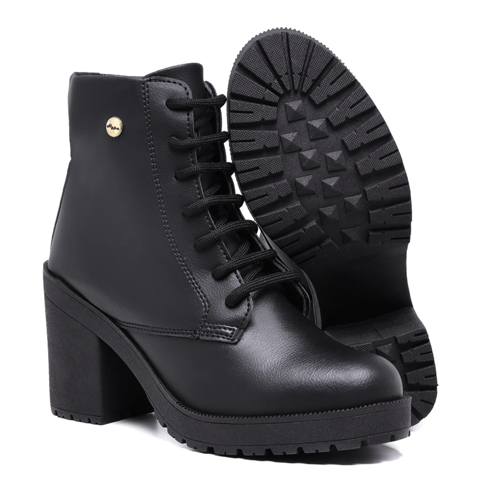 Bota Feminina Coturno Tratorado Salto Médio Grosso Zíper Preto