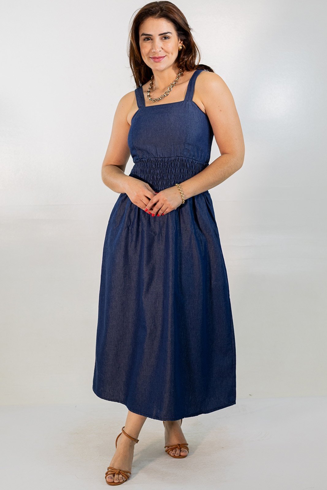Vestido Midi Jeans Soft Lastex Bolsos Laterais Anticorpus