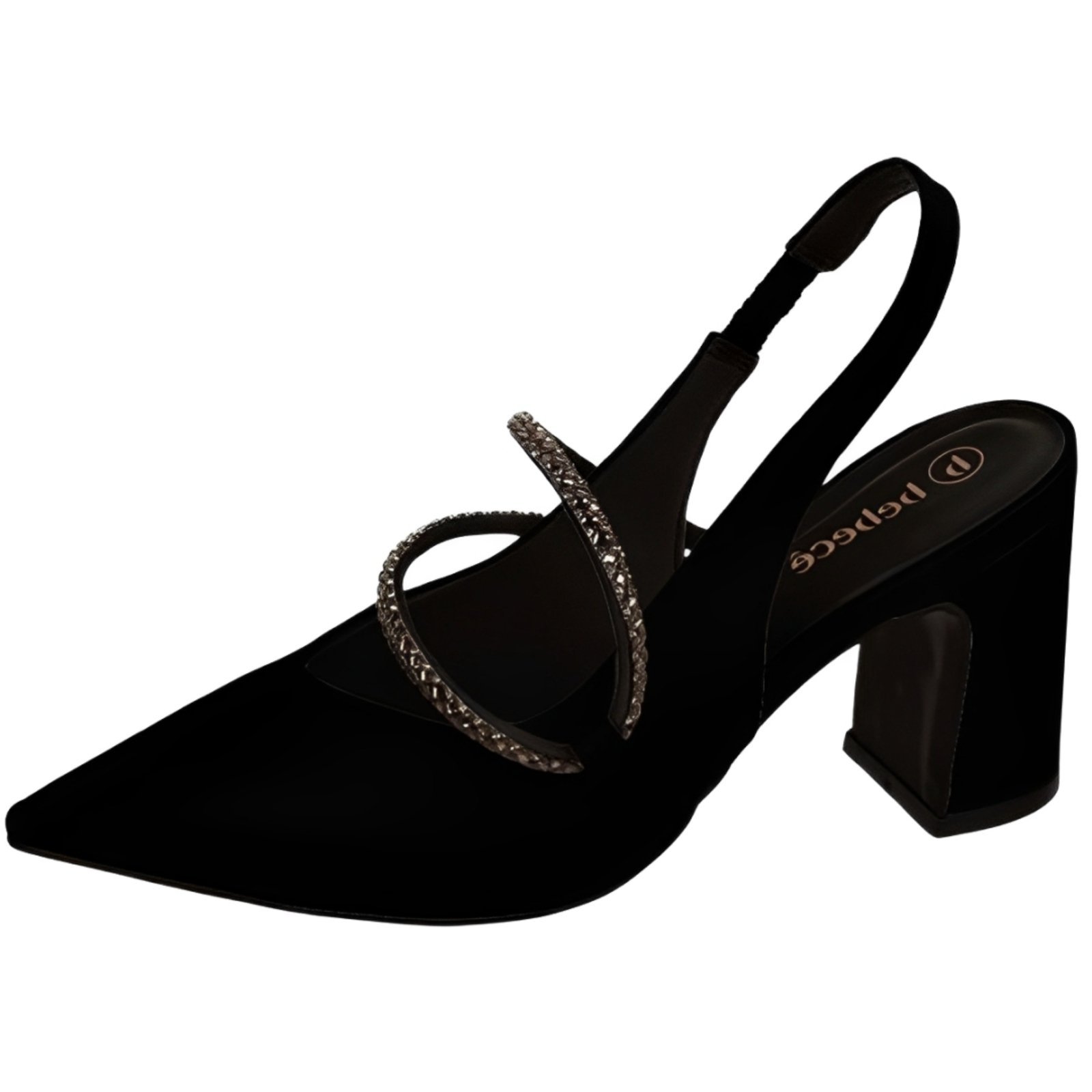 Sapato Feminino Scarpin Preto Nobuck Brilho Strass Salto Bloco Santa Rosa