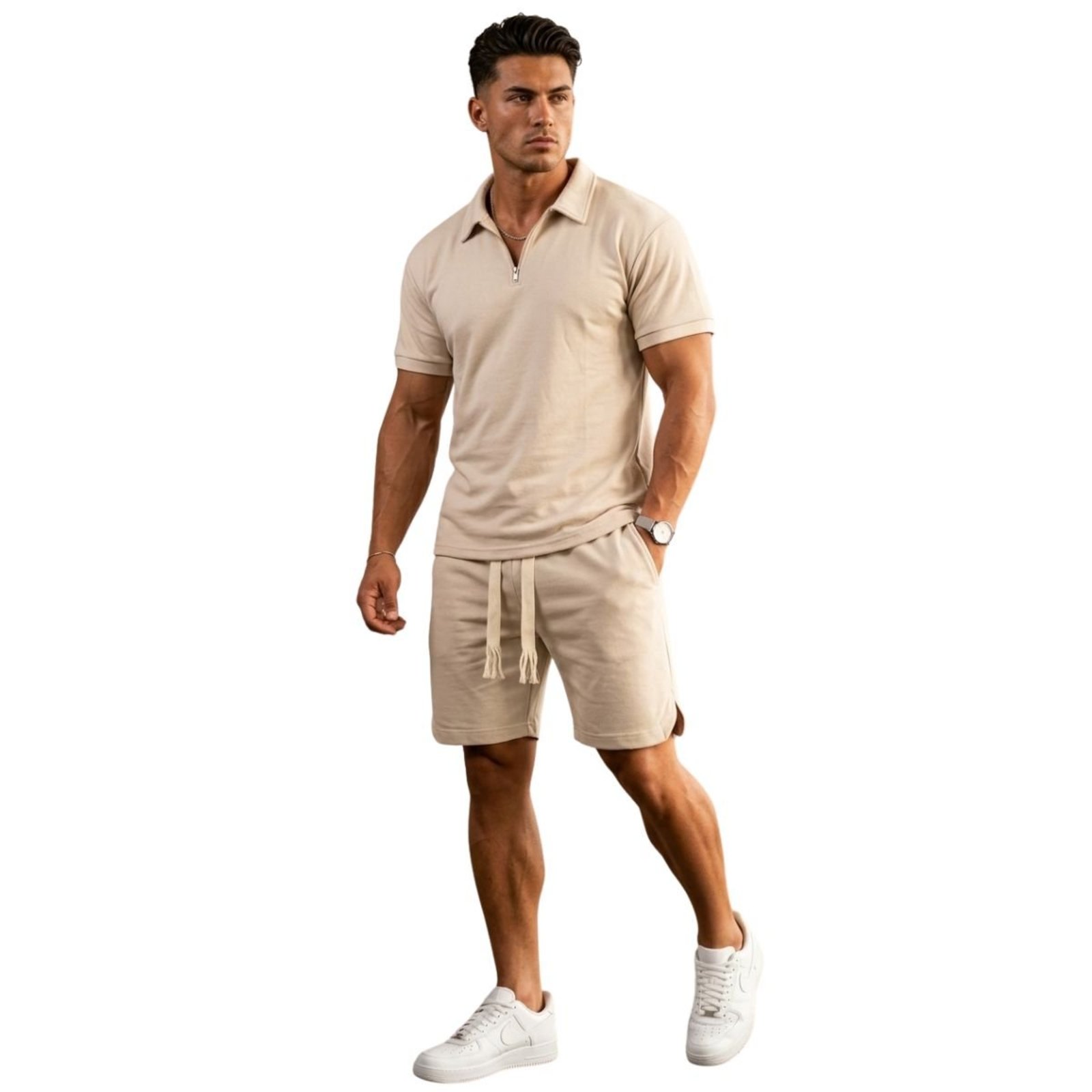 Conjunto Masculino Oversized Suedine Premium Polo e Bermuda Bege