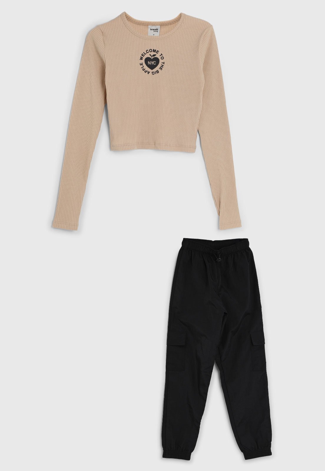 Infantil - Conjunto Longo Brandili Blusa Canelada Bege e Calça Preta